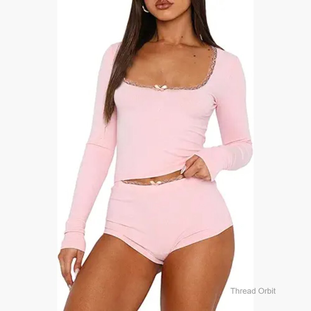 Lace Trim Ribbed Knit Pajama Set Long Sleeve Crop Top and Shorts Lounge Wear